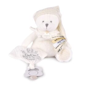 Doudou Dárková sada Plyšový medvídek s úchytem na dudlík a dečkou béžový 20 cm